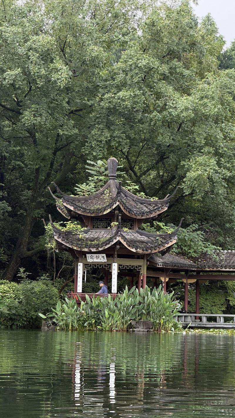 A two-tiered pavilion among trees at the edge of West Lake, Hangzhou