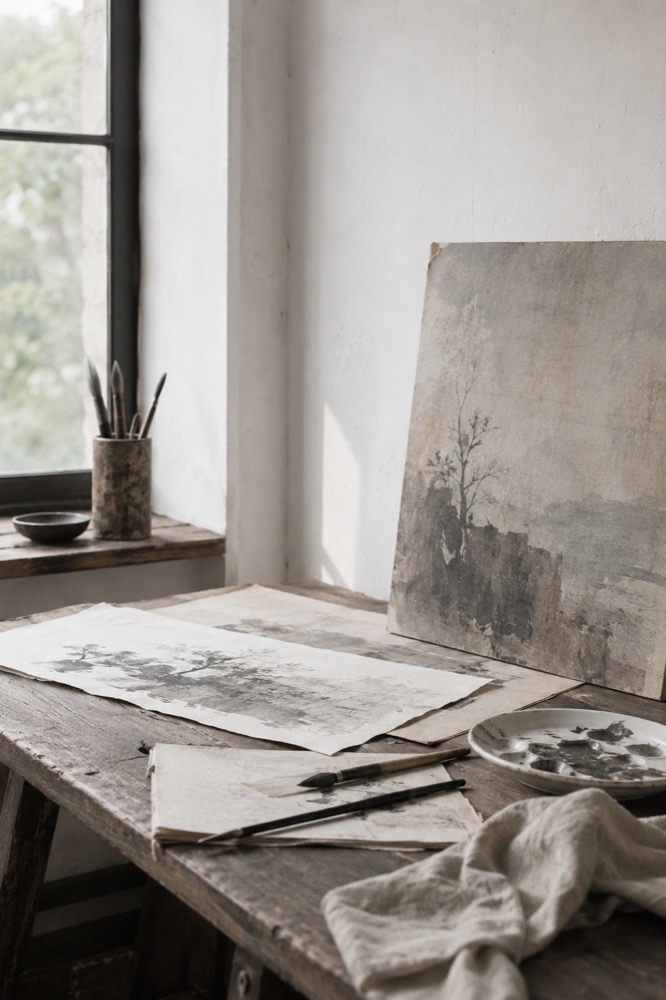 Contemporary art studio with sculptural forms