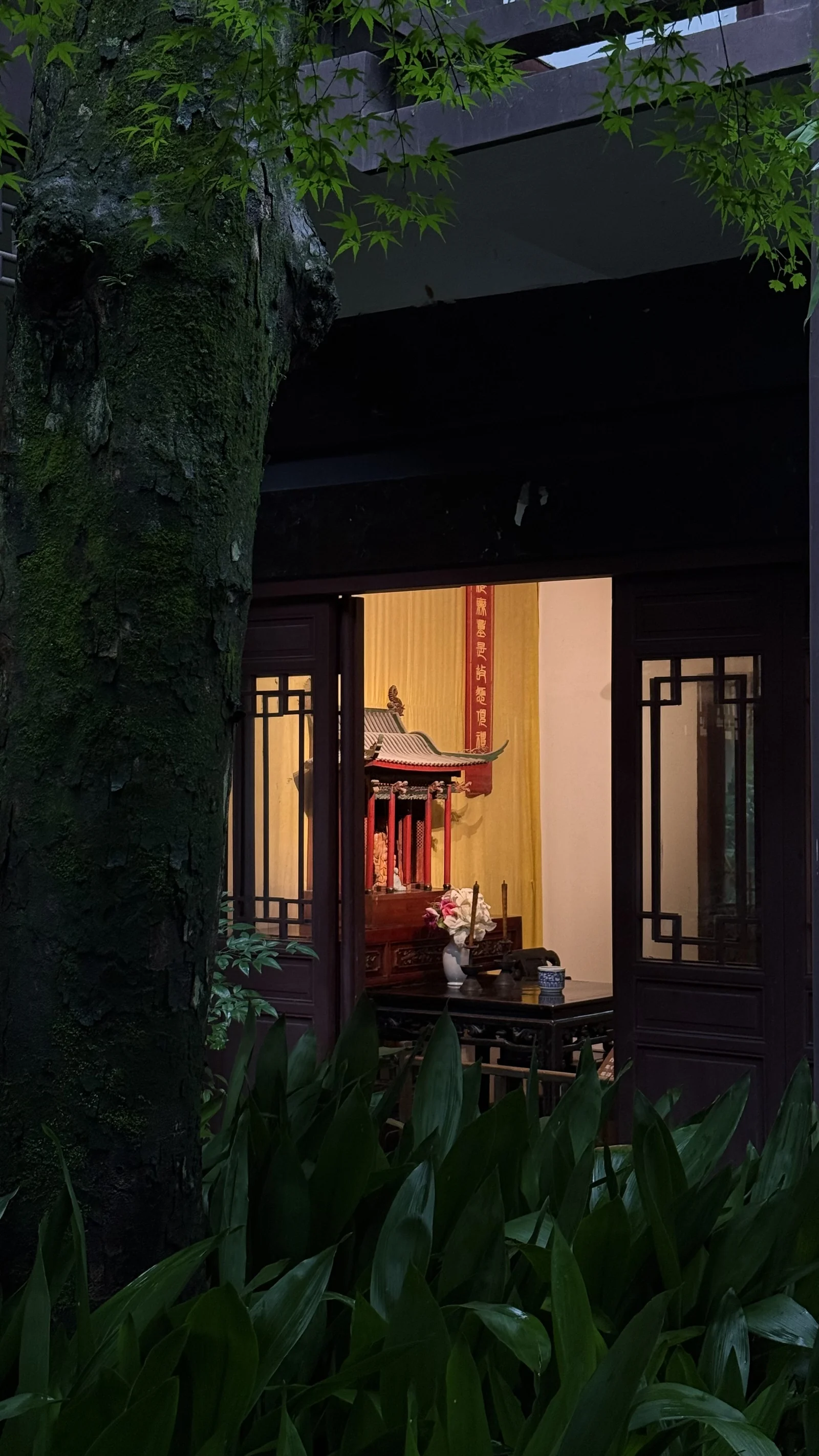 Warm light inside a temple hall framed by a tree and deep green foliage