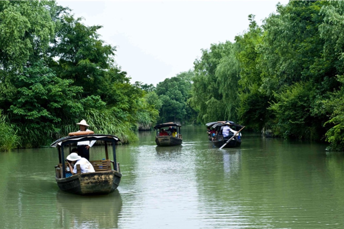 Hand-rowed boats on a willow-lined backwater of West Lake, Hangzhou