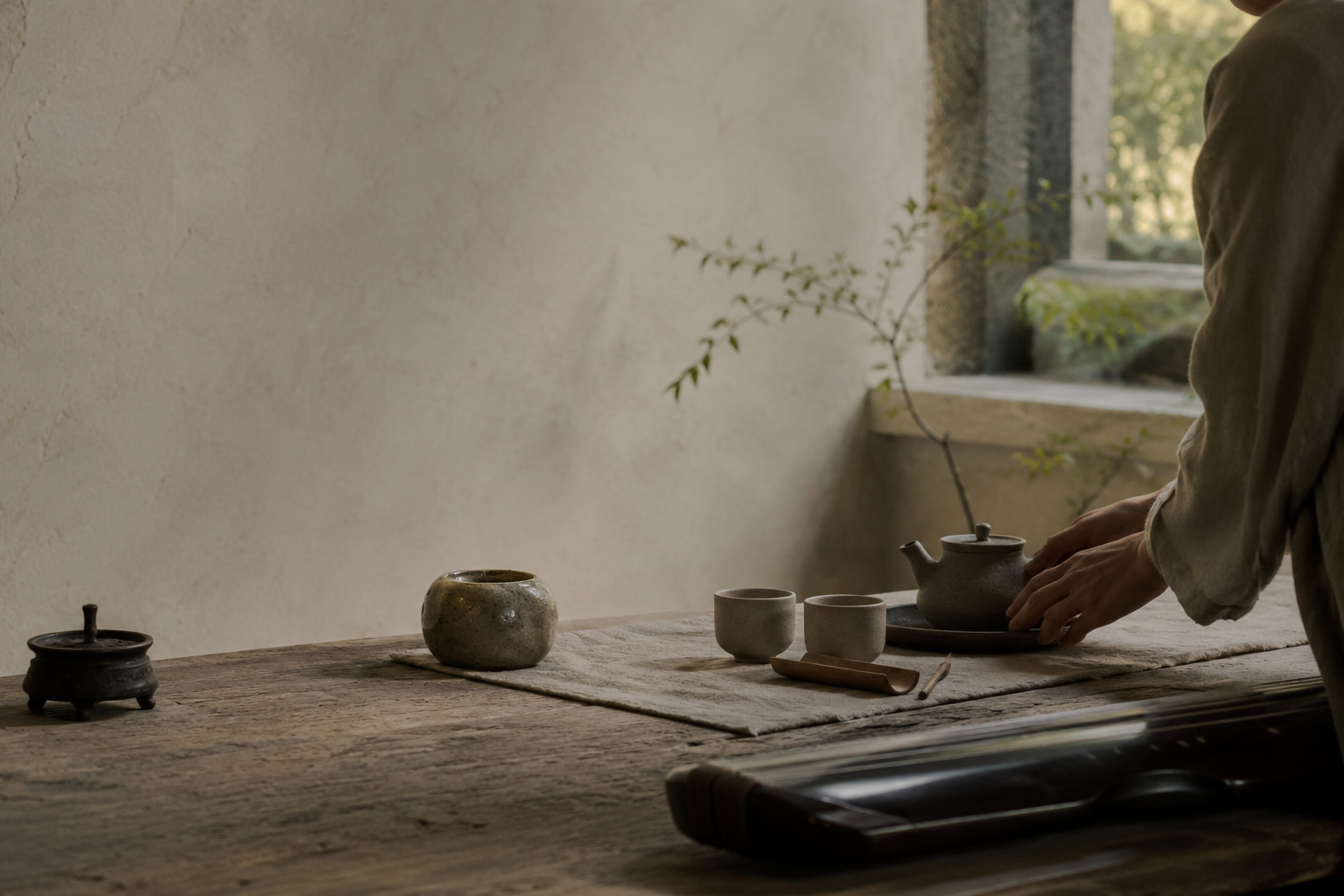 A quiet tea table with ceramic cups, teapot and soft garden light